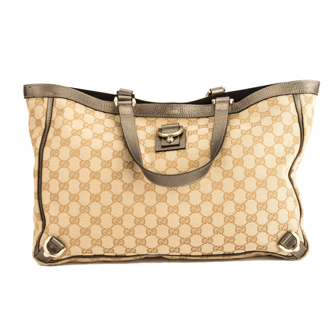 G*G Metallic Leather GG Monogram Canvas Abbey D-Ring Tote (Pre Owned)