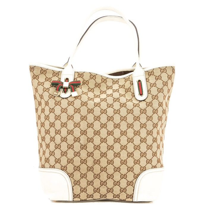 G*G White Leather GG Monogram Canvas Web Tote Bag (Pre Owned)