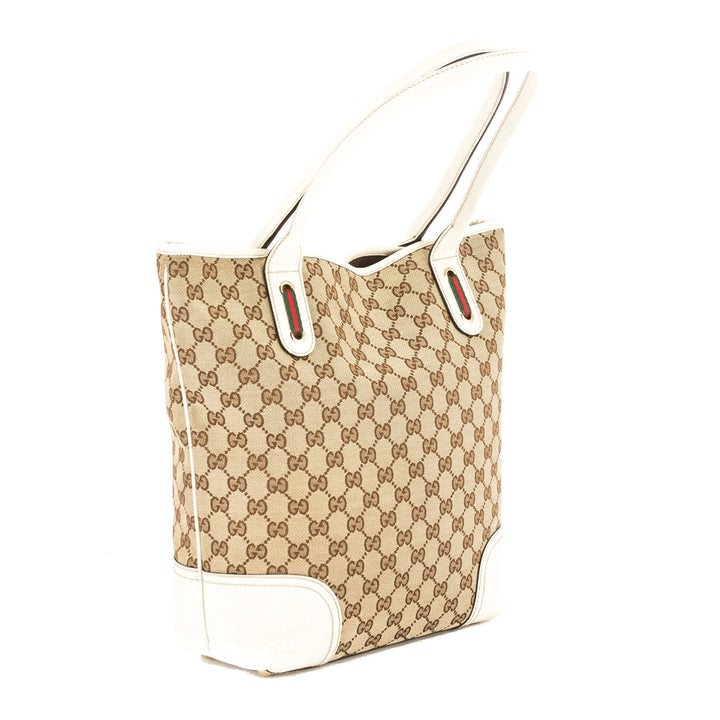 G*G White Leather GG Monogram Canvas Web Tote Bag (Pre Owned)