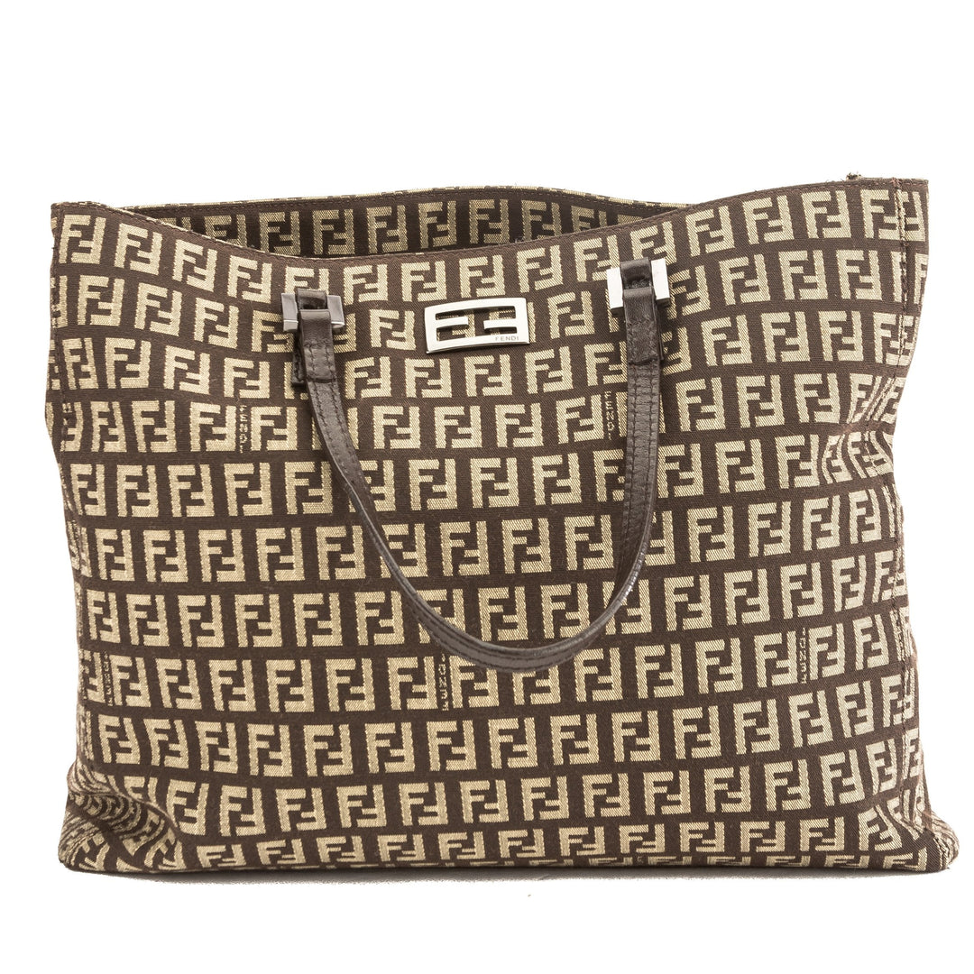 Fendi Brown Leather Zucca Canvas Tote Bag (Pre Owned)