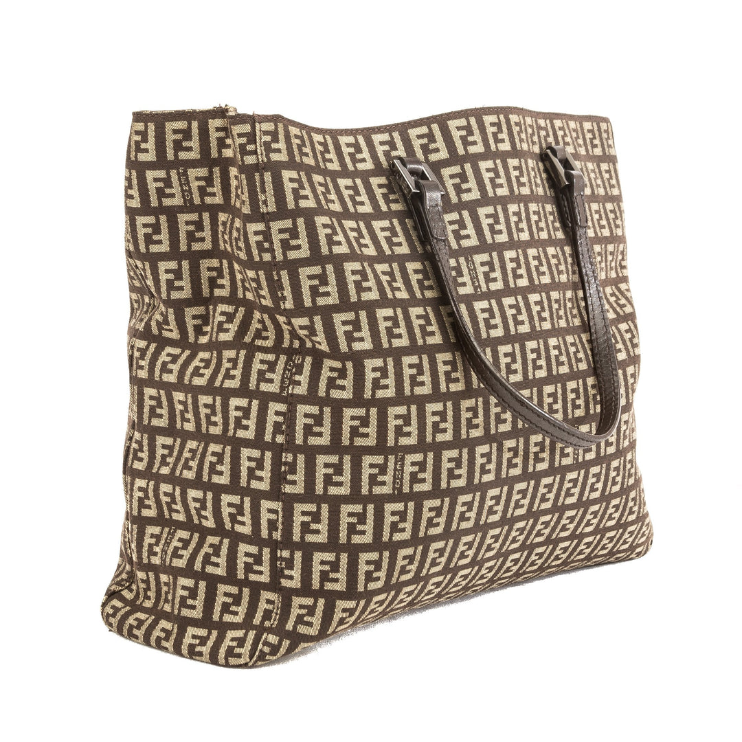 Fendi Brown Leather Zucca Canvas Tote Bag (Pre Owned)
