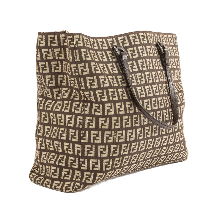 Fendi Brown Leather Zucca Canvas Tote Bag (Pre Owned)