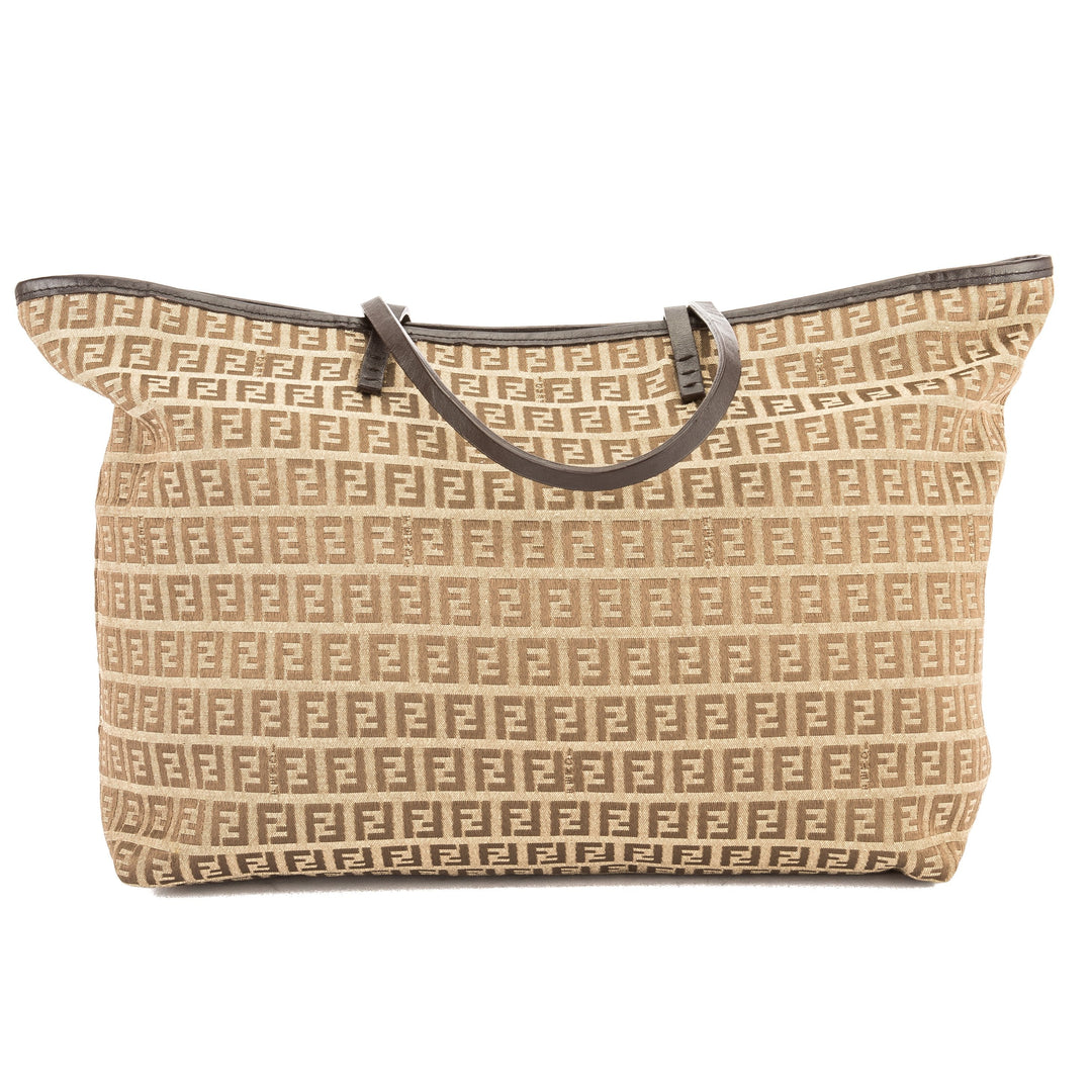 Fendi Brown Leather Zucca Canvas Tote Bag (Pre Owned)