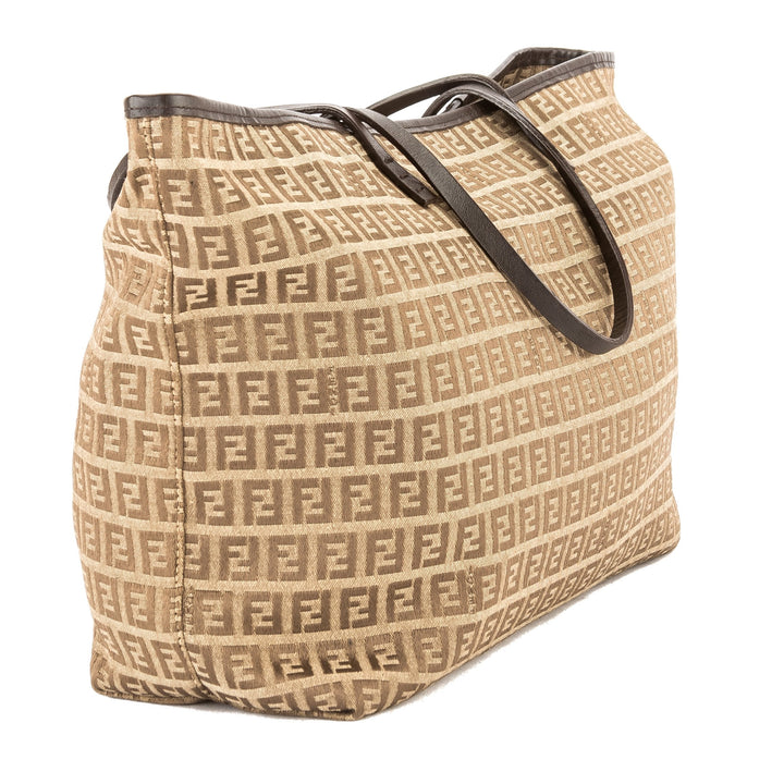 Fendi Brown Leather Zucca Canvas Tote Bag (Pre Owned)
