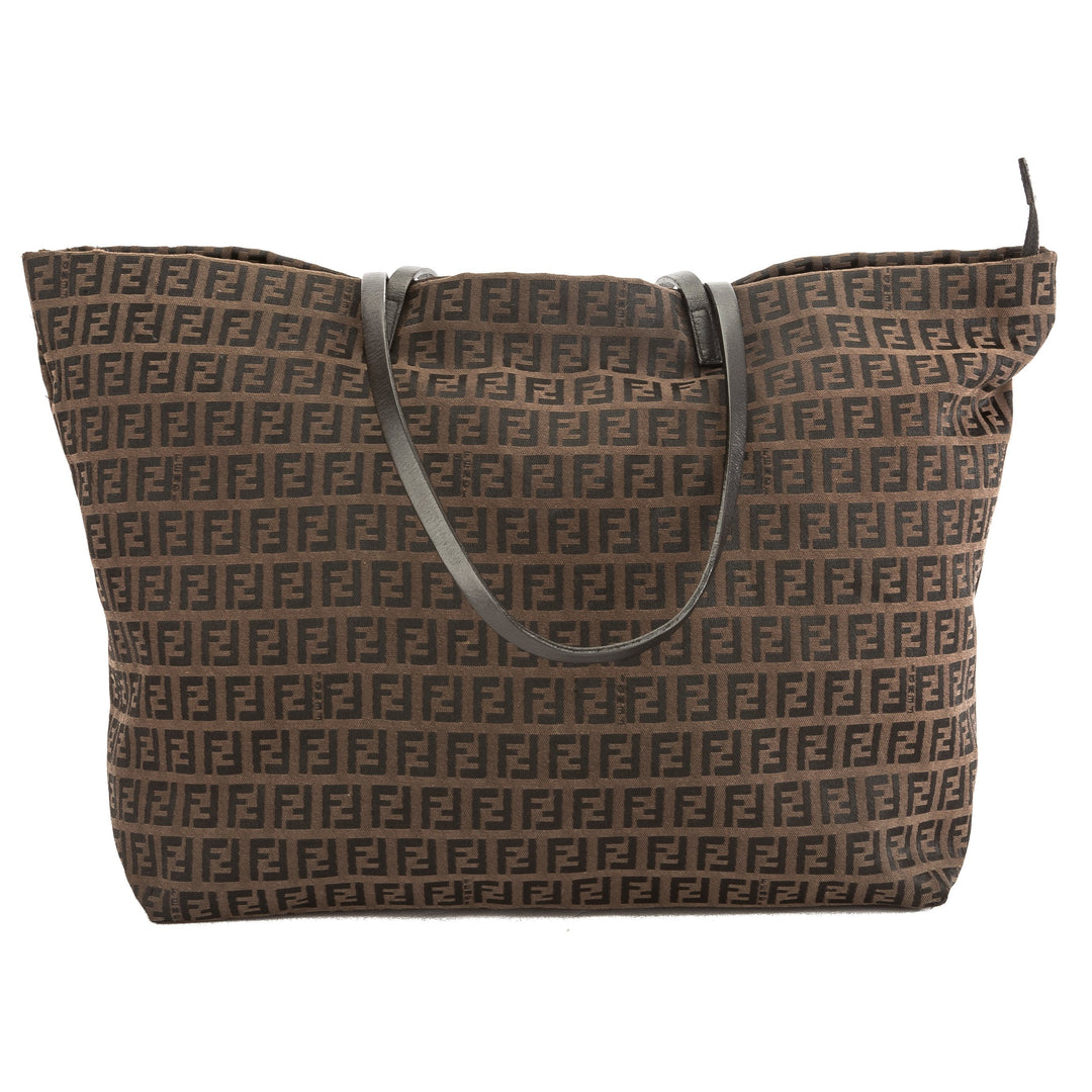 Fendi Brown Leather Zucca Nylon Canvas Tote Bag