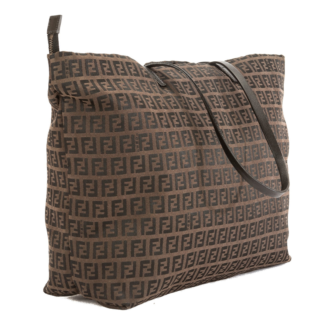 Fendi Brown Leather Zucca Nylon Canvas Tote Bag