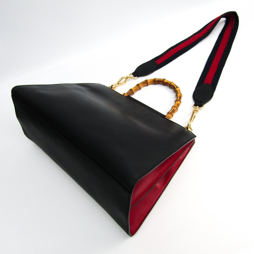 G*G Black Leather Bamboo Nymphaea Medium Tote (SHA-28029)