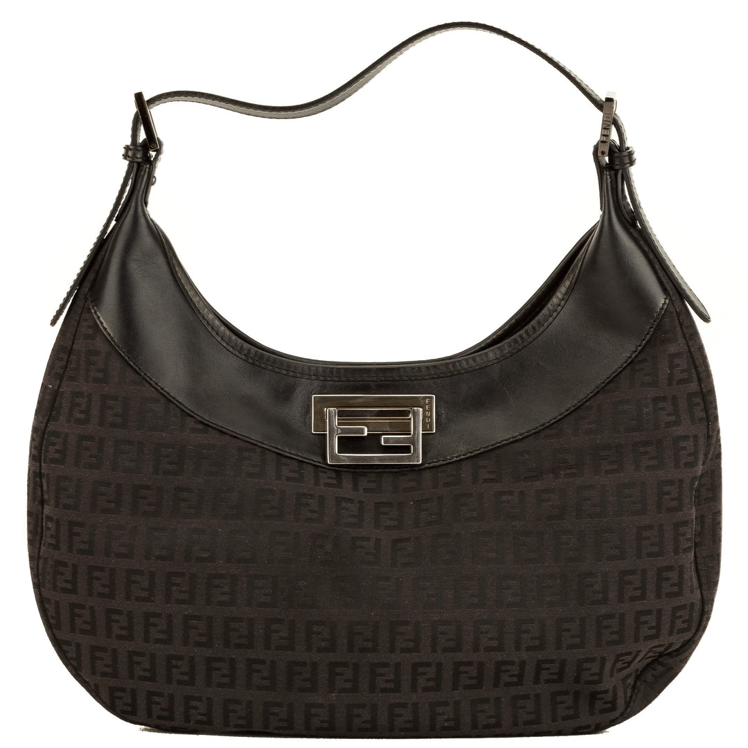 Fendi Black Leather Zucca Canvas Hobo Bag (4092011)