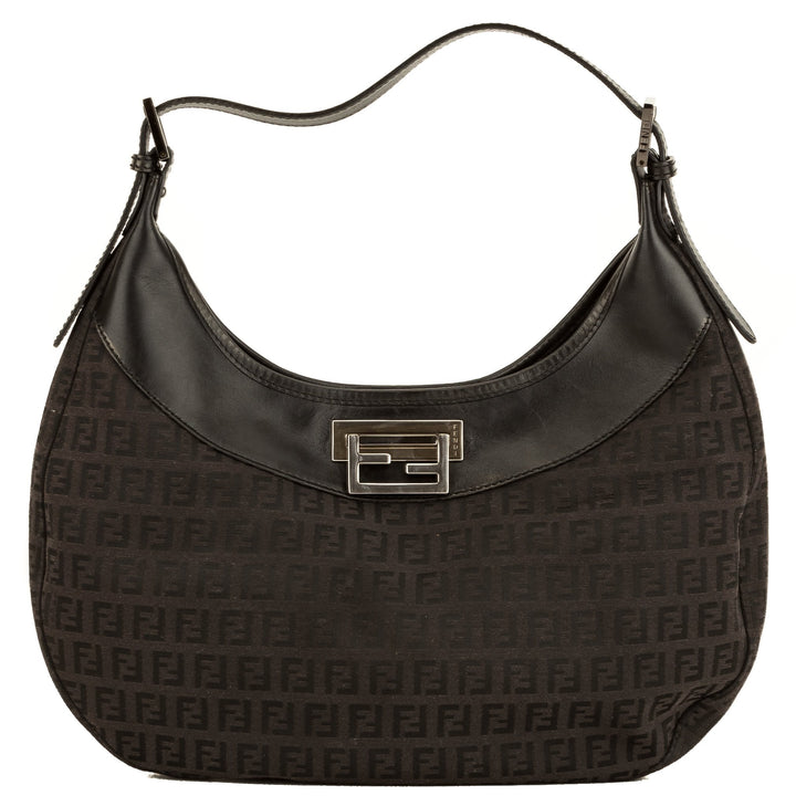 Fendi Black Leather Zucca Canvas Hobo Bag (4092011)
