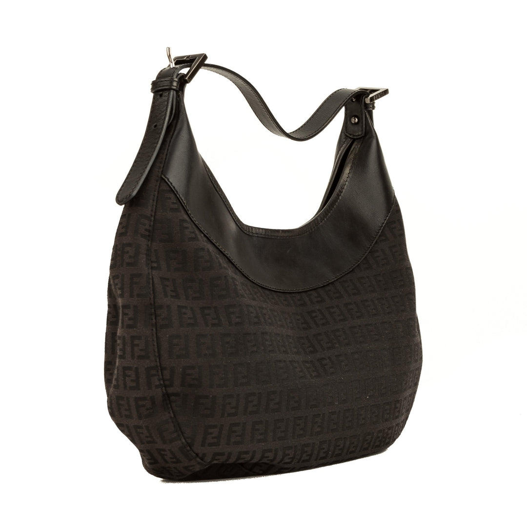 Fendi Black Leather Zucca Canvas Hobo Bag (4092011)
