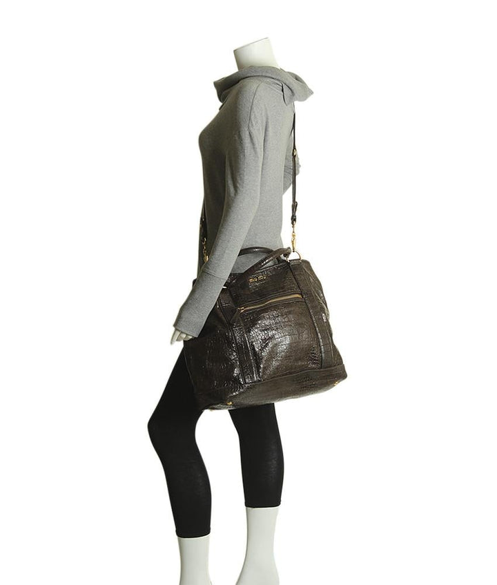 Miu Miu St Cocco Embossed Brown Leather 2- Way Tote Bag