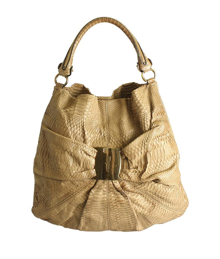 Salvatore Ferragamo Snakeskin Vara Tan Hobo Bag