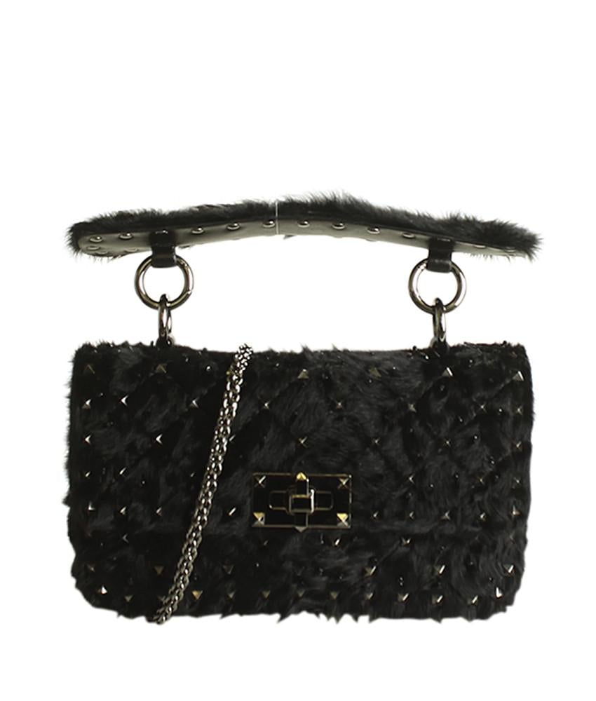 Valentino Small Rockstud Spike Fur Black Quilted Shoulder Bag