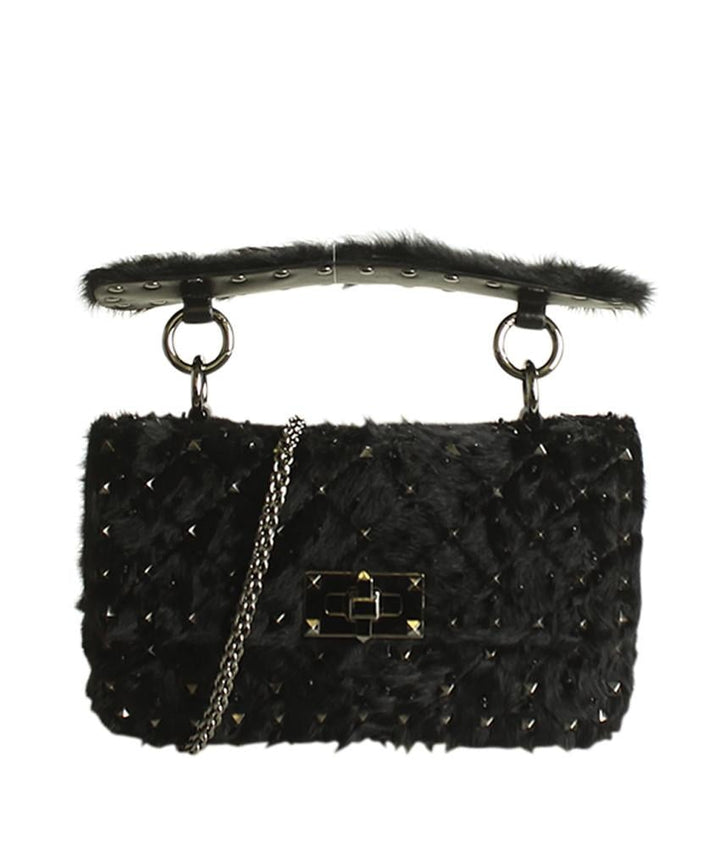 Valentino Small Rockstud Spike Fur Black Quilted Shoulder Bag