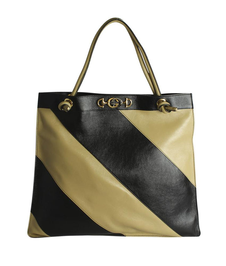 G*G 576464 Zumi Black & Beige Striped Leather Tote Bag