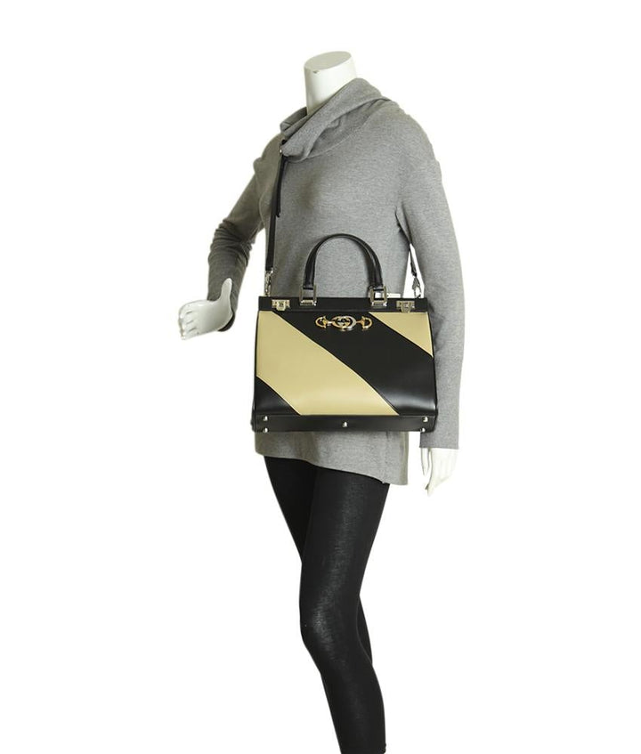 G*G 564714 Medium Zumi Black & Beige Striped Leather 2- Way Bag