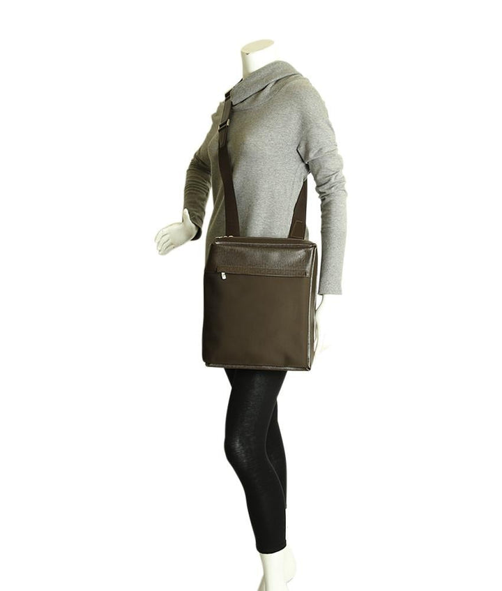 L*V Sayan Brown Taiga Leather & Canvas Crossbody Bag