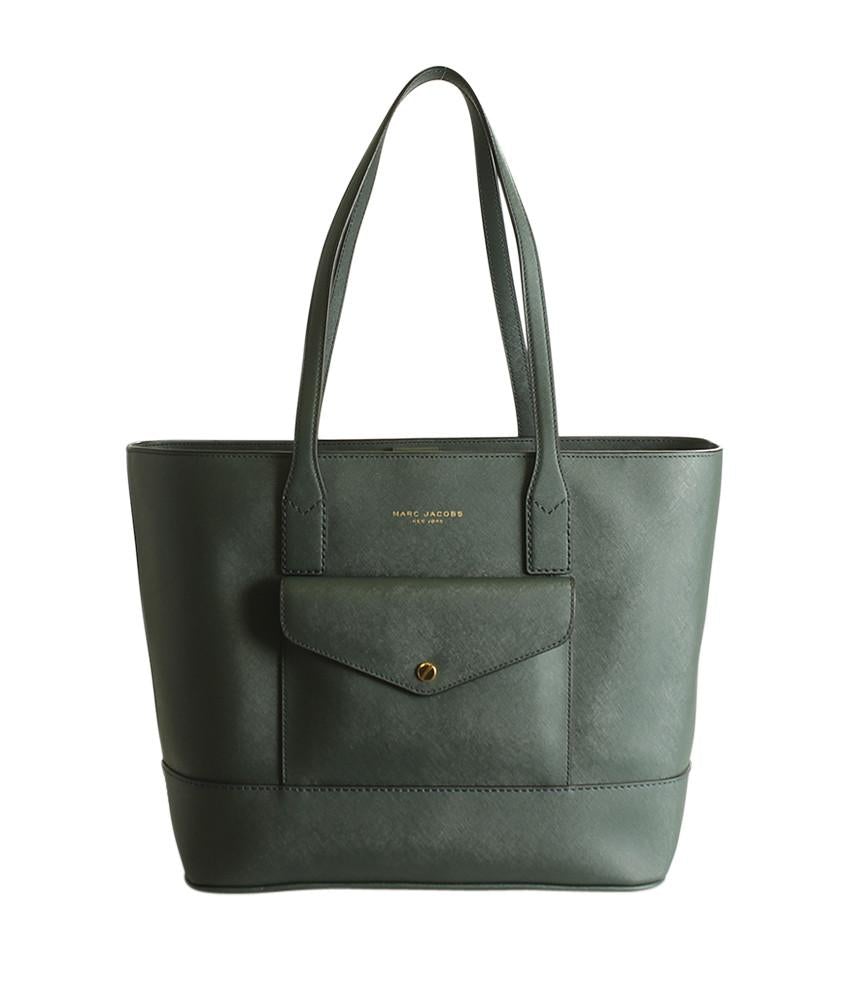 Marc Jacobs Saffiano Front Pocket Green Leather Tote Bag