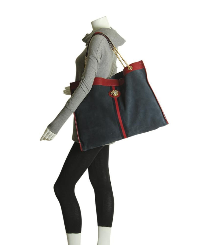G*G 537218 Extra Large Rajah Blue Suede & Red Leather Tote Bag