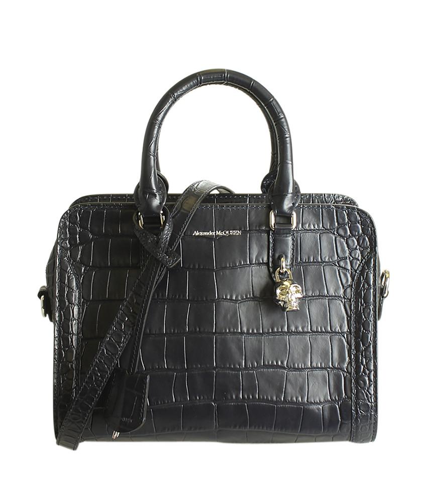 Alexander McQueen Small Padlock Embossed Dark Blue Leather 2-Way Bag