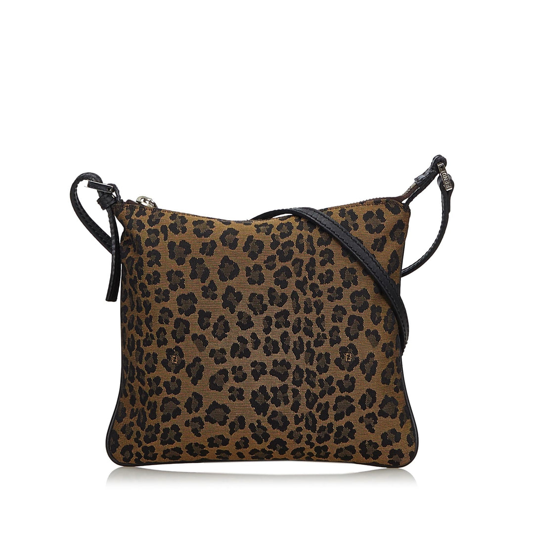 Pre-Loved Fendi Brown Light Canvas Fabric Leopard Print Crossbody Bag Italy