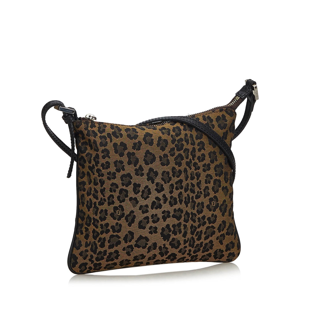 Pre-Loved Fendi Brown Light Canvas Fabric Leopard Print Crossbody Bag Italy