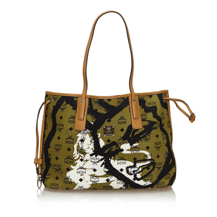 Pre-Loved MCM Green Canvas Fabric Reversible Printed Tote Bag Germany