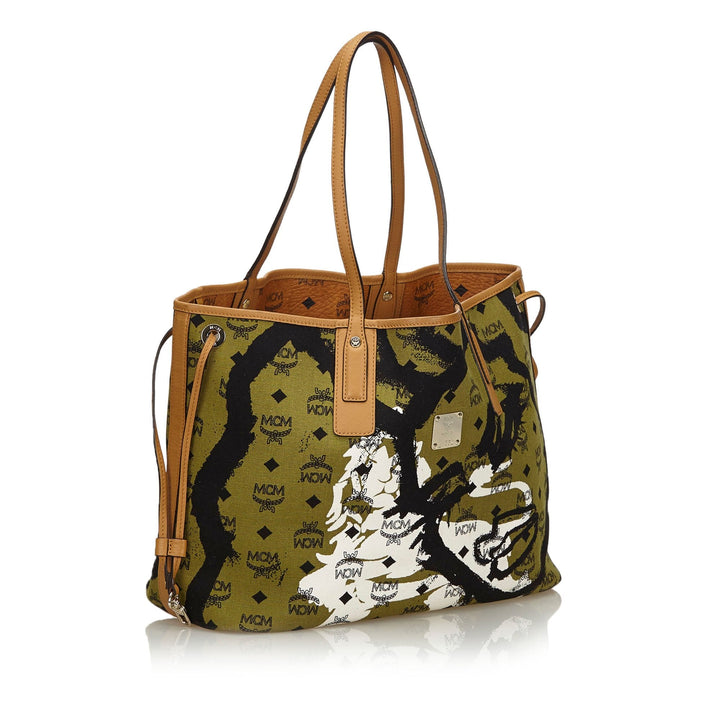Pre-Loved MCM Green Canvas Fabric Reversible Printed Tote Bag Germany