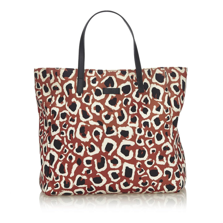 Pre-Loved G*G Brown Beige Nylon Fabric Leopard Printed Tote Bag Italy