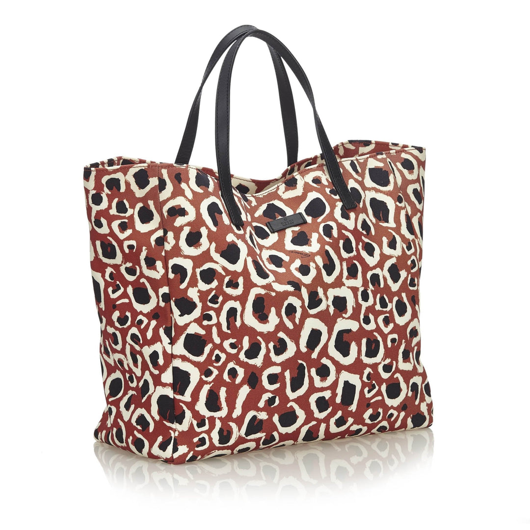 Pre-Loved G*G Brown Beige Nylon Fabric Leopard Printed Tote Bag Italy