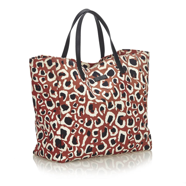 Pre-Loved G*G Brown Beige Nylon Fabric Leopard Printed Tote Bag Italy