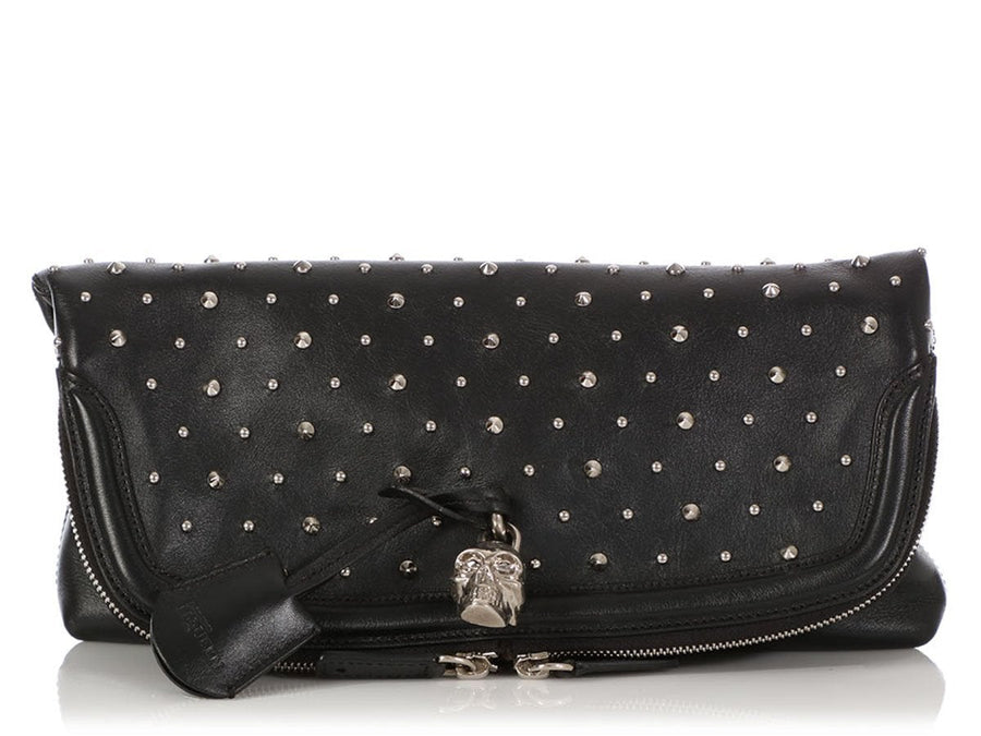 Alexander McQueen Black Calfskin Studded Padlock Skull Clutch