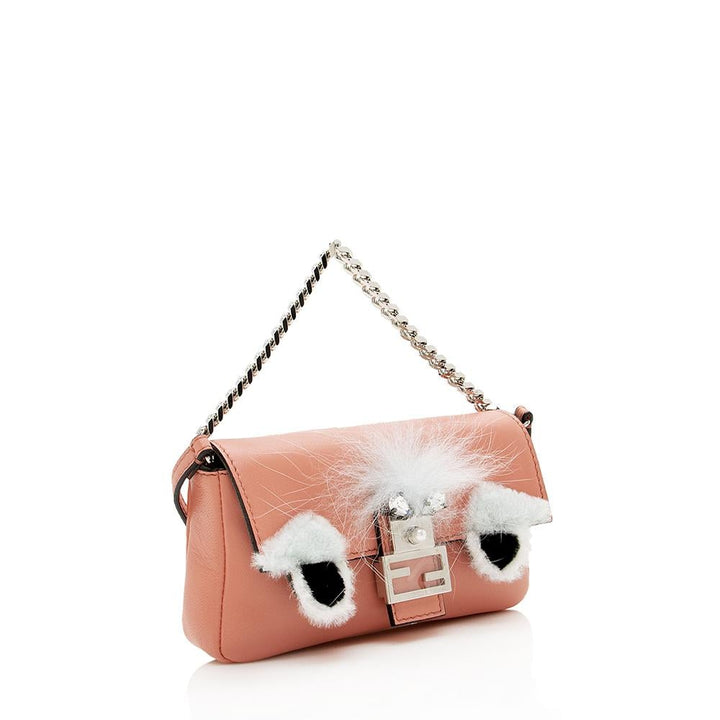 Fendi Nappa Leather Fox Fur Crystal Micro Buggie Baguette Bag (SHF-13762)