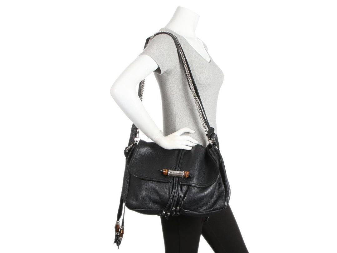 G*G Black Leather Croisette Chain Bamboo Bag