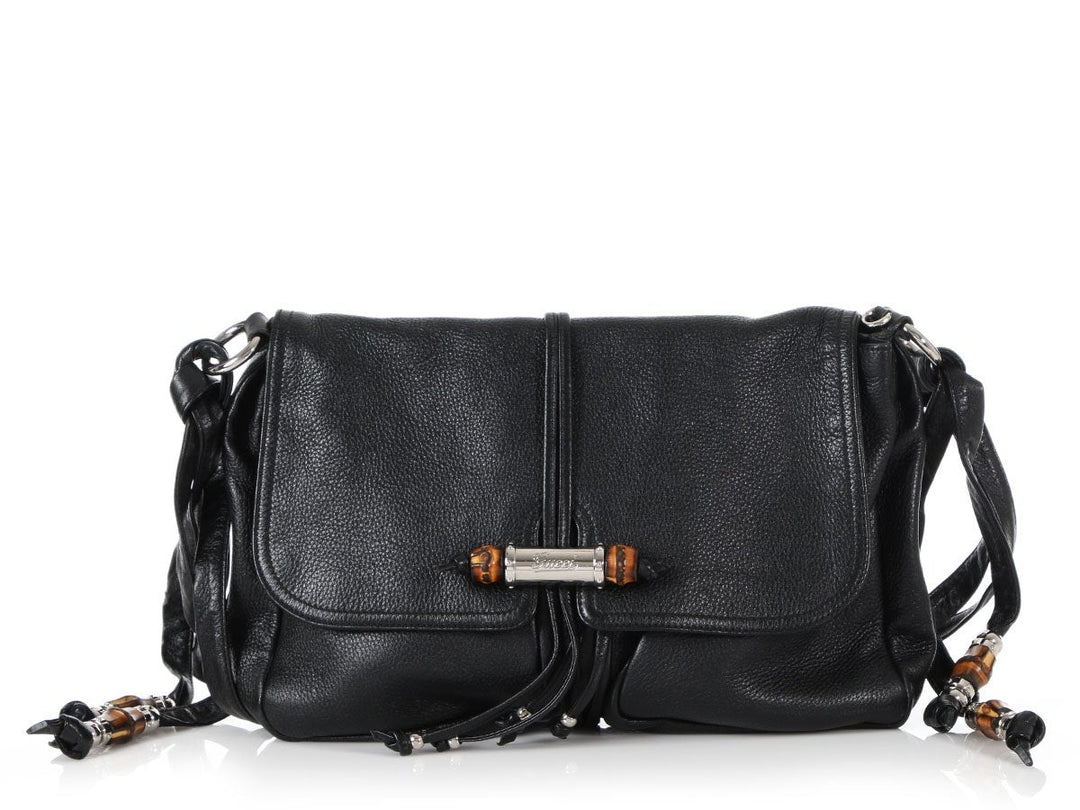 Gucci Black Leather Croisette Chain Bamboo Bag