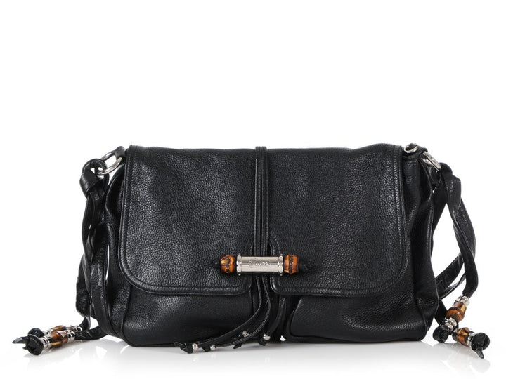 Gucci Black Leather Croisette Chain Bamboo Bag