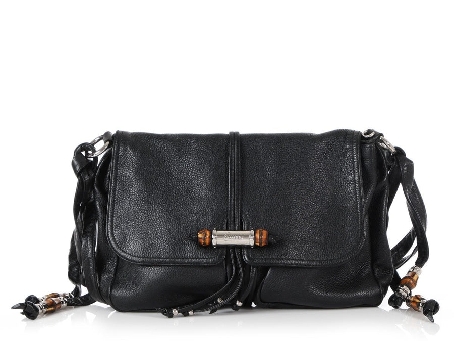 Gucci Black Leather Croisette Chain Bamboo Bag