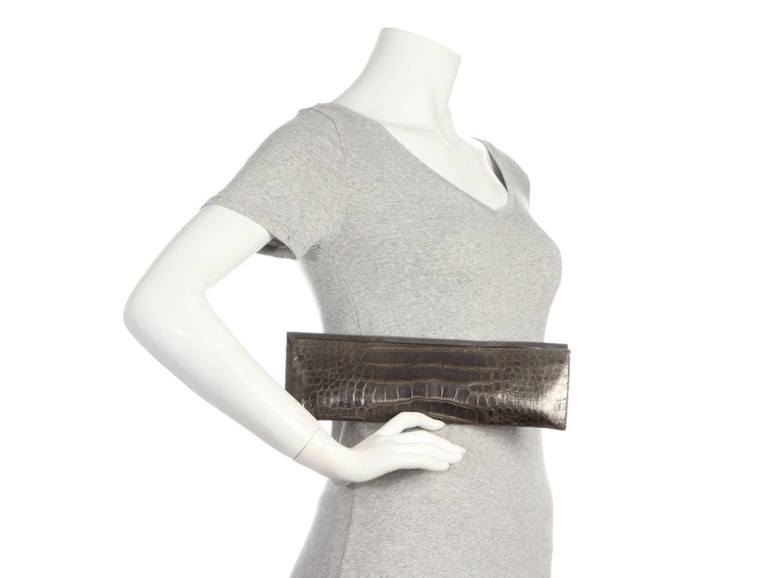 G*G Pewter Long Crocodile Embossed Frame Clutch