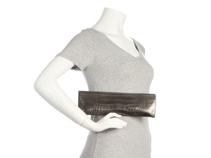 G*G Pewter Long Crocodile Embossed Frame Clutch