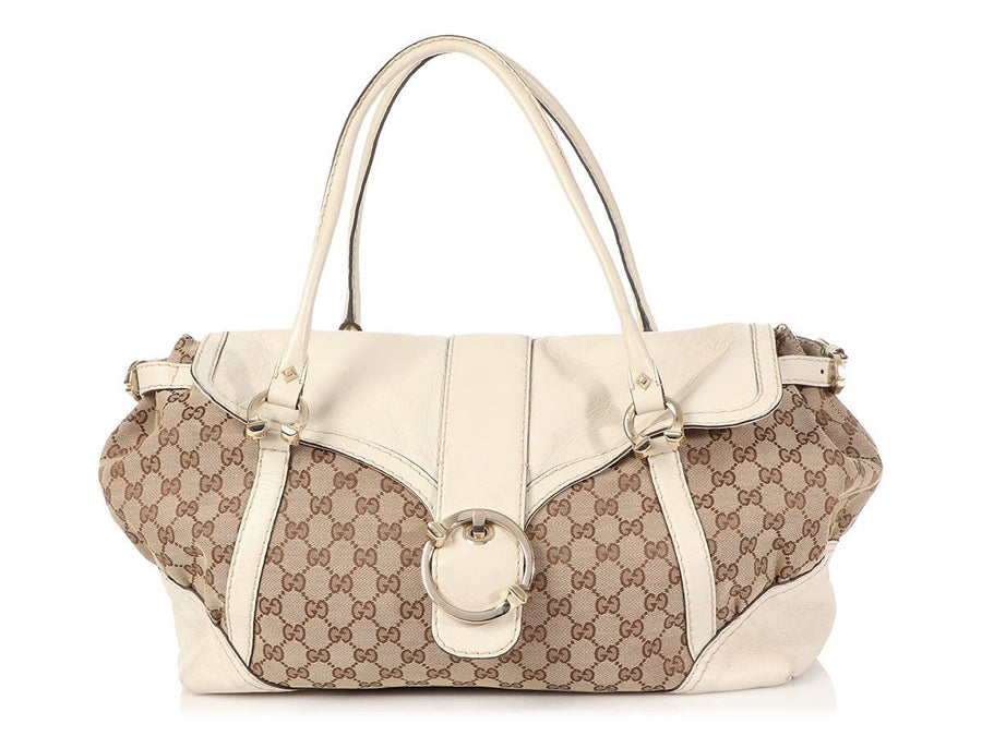 Gucci White Leather and Canvas Satchel