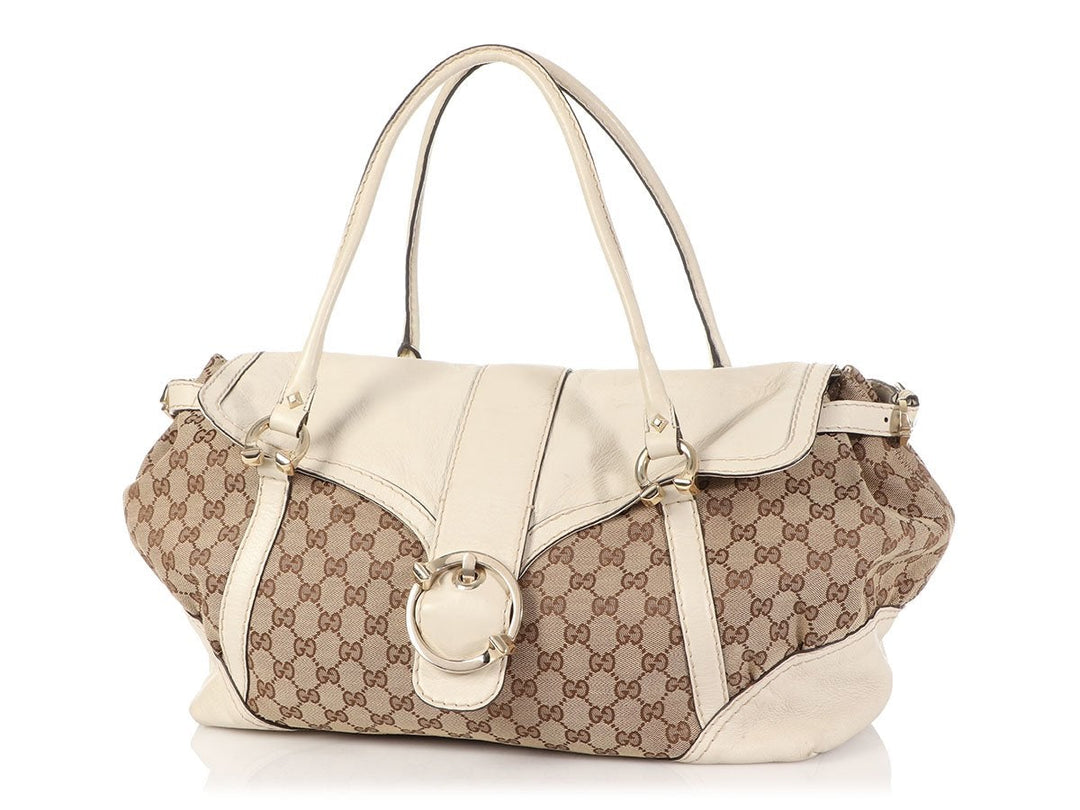 G*G White Leather and Canvas Satchel