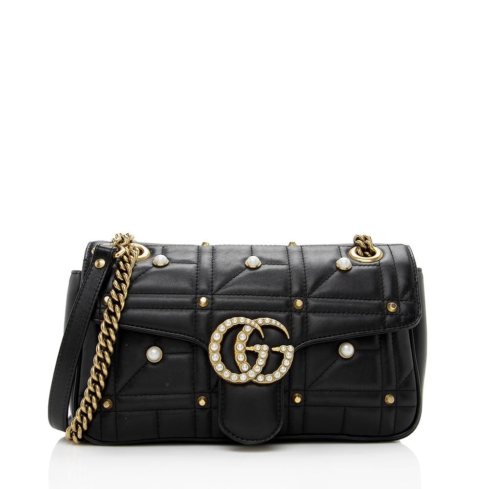 G*G Matelasse Leather Pearl GG Marmont Small Flap Shoulder Bag (SHF-14357)
