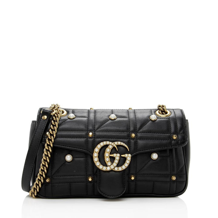 G*G Matelasse Leather Pearl GG Marmont Small Flap Shoulder Bag (SHF-14357)