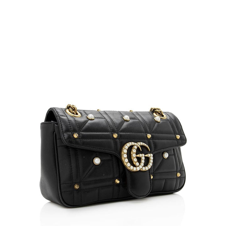 G*G Matelasse Leather Pearl GG Marmont Small Flap Shoulder Bag (SHF-14357)