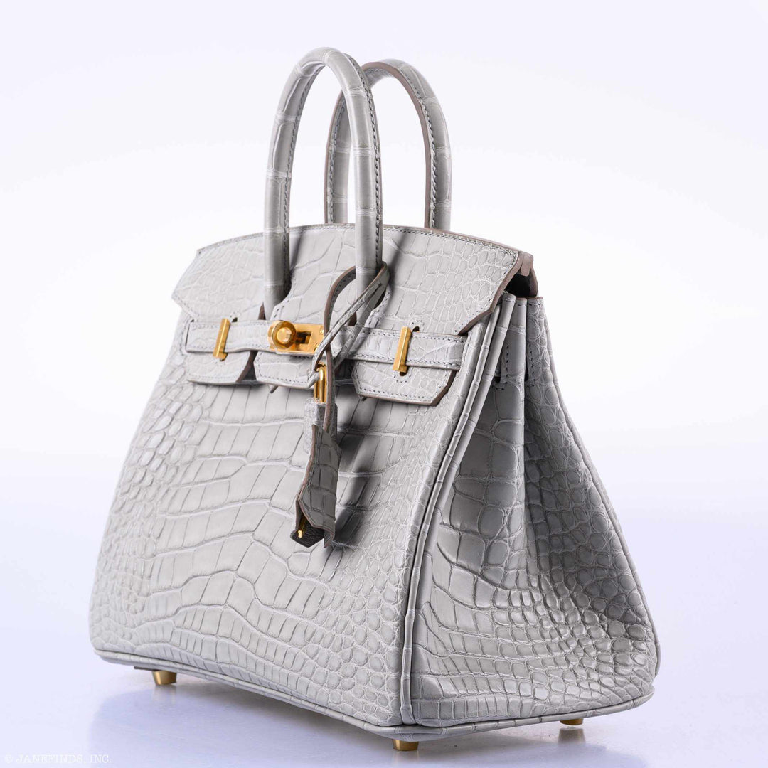 Hermès Birkin 25 Matte Gris Perle Alligator Gold Hardware - 2019, D