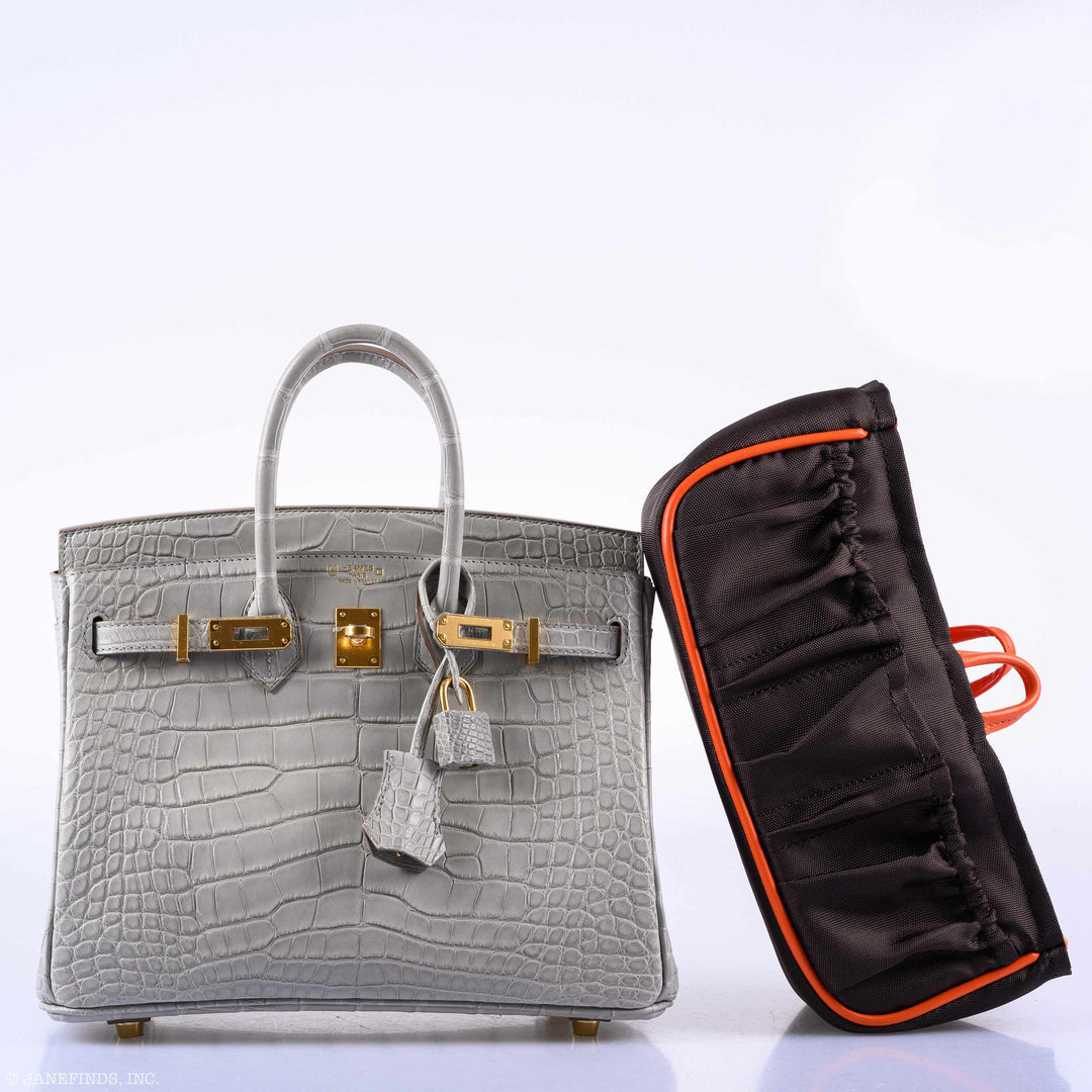 Hermès Birkin 25 Matte Gris Perle Alligator Gold Hardware - 2019, D