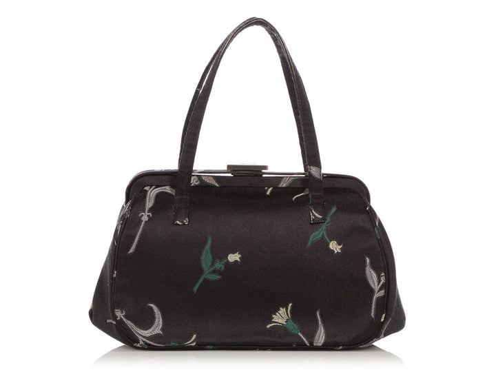 Prada Black Floral Silk Doctor Bag