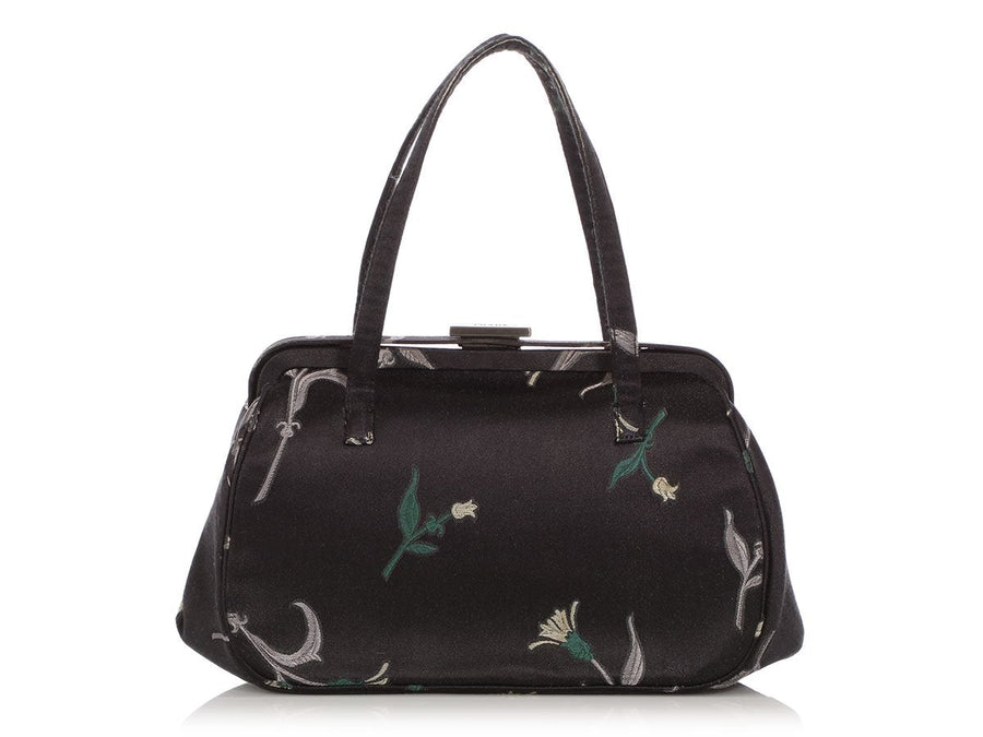 Prada Black Floral Silk Doctor Bag