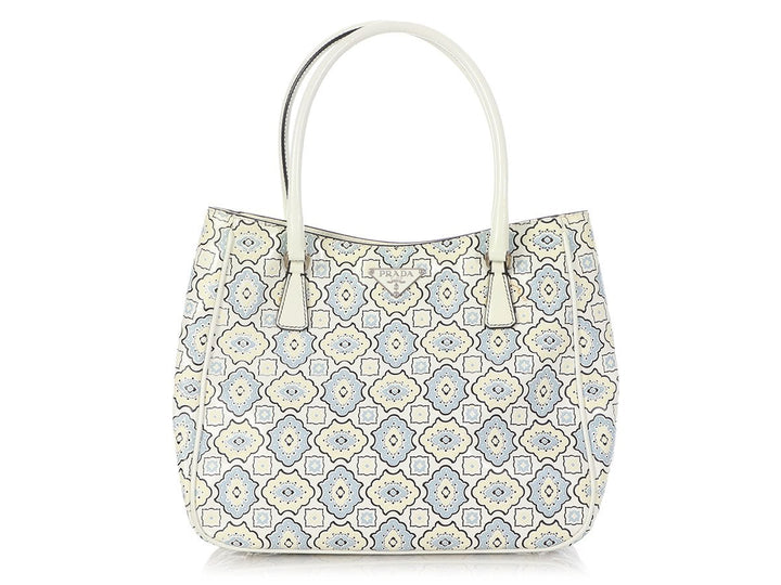 Prada Small Blue, Cream, and White Embossed Floral Tote