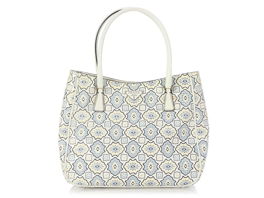 Prada Small Blue, Cream, and White Embossed Floral Tote